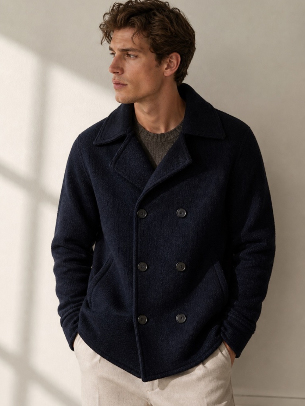 Drykorn Wool Knit Peacoat Double Breasted Navy Jacket Minimalist Men’s Large